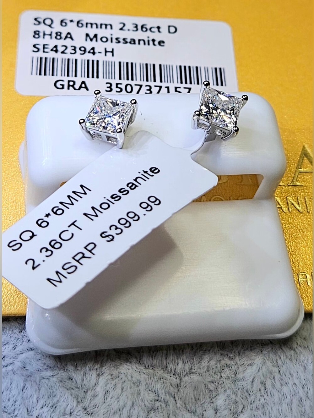 NWT 2.36 ctw Princess Cut Moissanite Stud Earrings D Color GRA